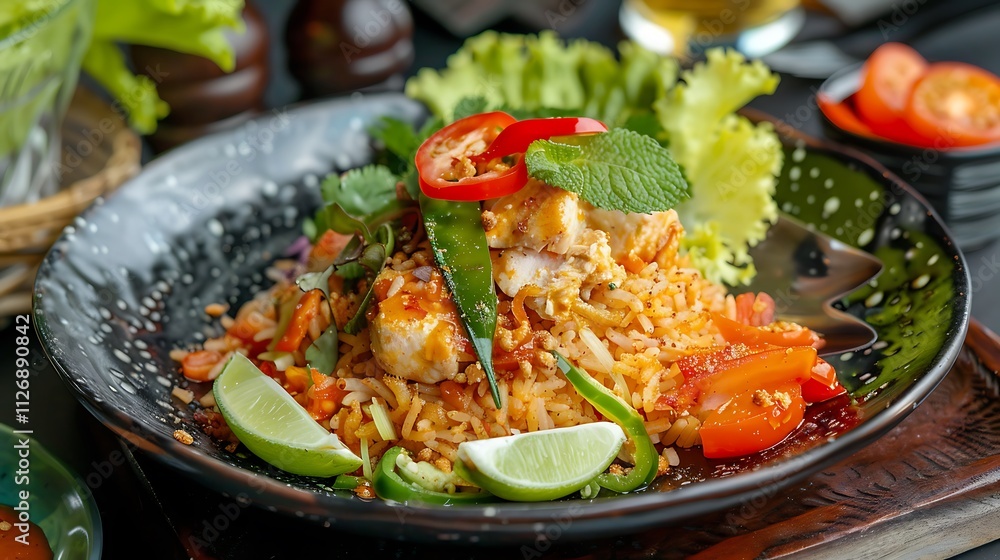 The black dish with chicken crispy rice lettuce and lime wedges The black dish with chicken crispy rice lettuce and lime wedges