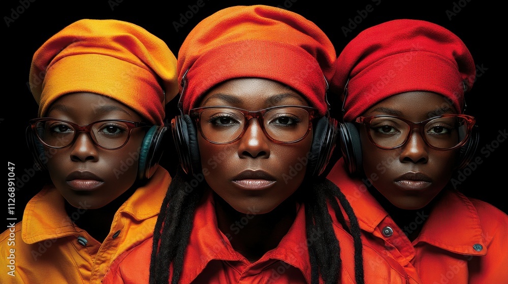 Three women wearing orange hats and glasses stand in a row. The image is a portrait of three women with headphones on. The image has a bright and cheerful mood Three women wearing orange hats and glasses stand in a row. The image is a portrait of three women with headphones on. The image has a bright and cheerful mood