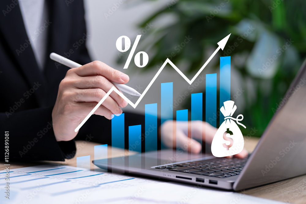 Interest rates and dividends Annual Fund Accumulation concept, Businesswomen data analysis income and return on investment, Retirement Compensation fund, investment, dividend tax, Fixed Deposit Interest rates and dividends Annual Fund Accumulation concept, Businesswomen data analysis income and return on investment, Retirement Compensation fund, investment, dividend tax, Fixed Deposit