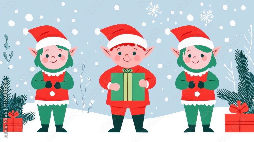 Festive holiday elves with gifts winter wonderland digital illustration cheerful scene whimsical concept Festive holiday elves with gifts winter wonderland digital illustration cheerful scene whimsical concept