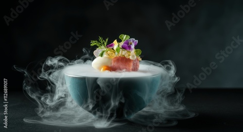 Elegant fine dining dish with smoke edible flowers