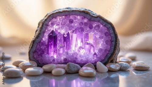 Polished Amethyst Geode with Stones and Magnifying Glass photo