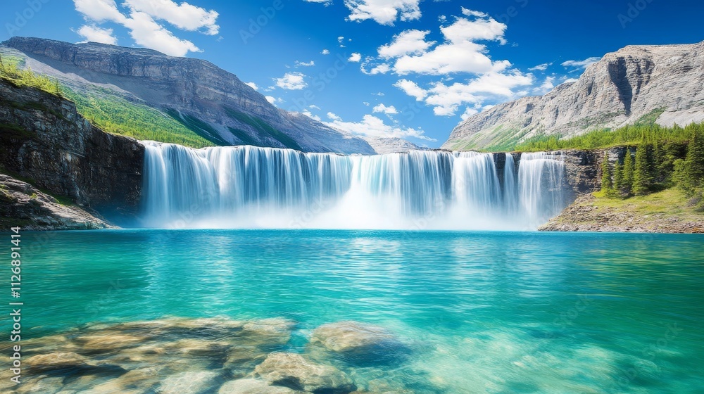 Fototapeta premium A stunning waterfall cascading into a clear turquoise lake surrounded by mountains and greenery.