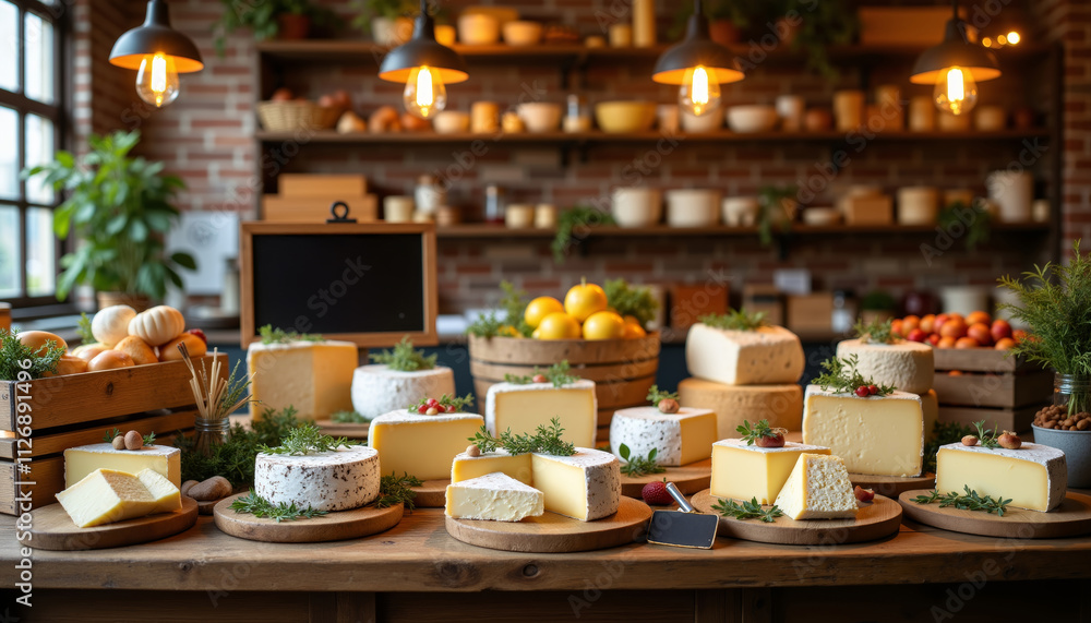 Rustic Cheese Shop Displaying Artisanal Cheeses with Warm Atmosphere Rustic Cheese Shop Displaying Artisanal Cheeses with Warm Atmosphere