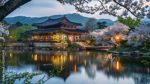 Serene traditional Asian garden with blooming trees, calm water, and golden sunlight.