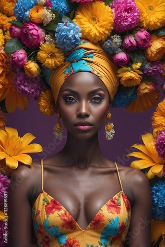 Beautiful Dark-Skinned Woman in a Turban with Flowers on Her Head