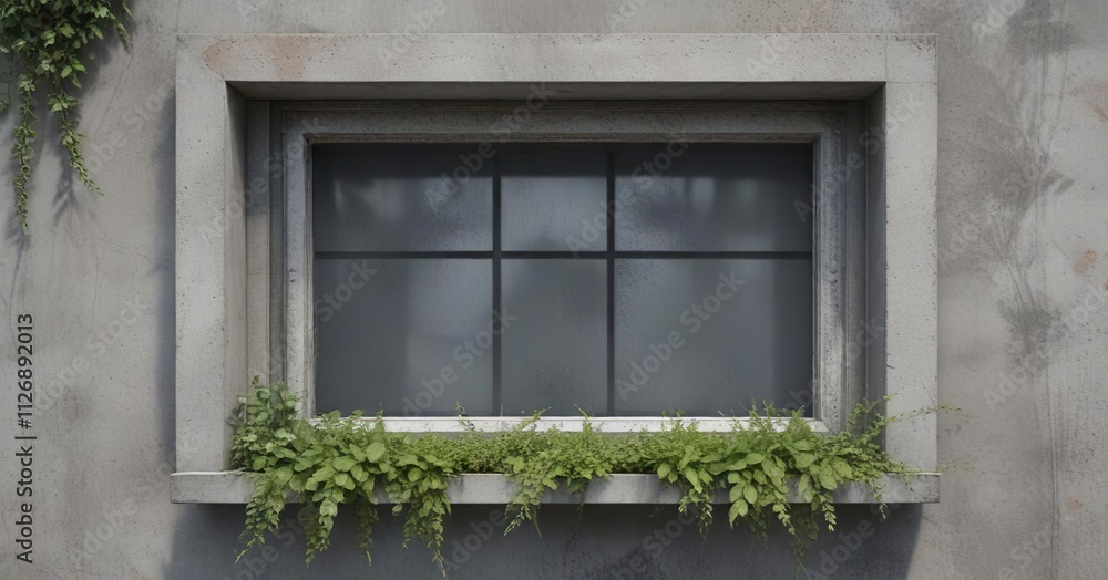 Close-up of foliage framing a window on a gray concrete wall, close-up, leaves, minimal, simple Close-up of foliage framing a window on a gray concrete wall, close-up, leaves, minimal, simple
