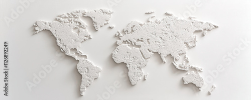 textured white world map made of cement on light background