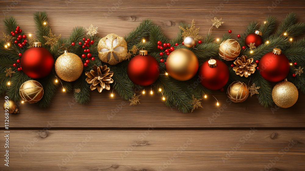 Christmas Garland with Red and Gold Ornaments on Wooden Background Christmas Garland with Red and Gold Ornaments on Wooden Background