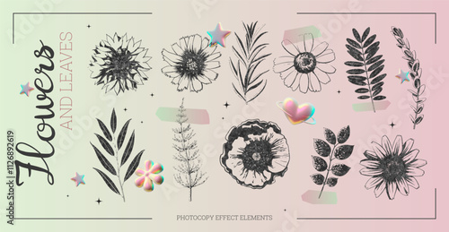 Collection of flowers and leaves retro photocopy effect elements gradient background, vector herbarium grainy texture