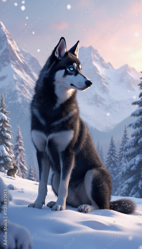Naklejka premium Sleek Black Siberian Husky Sitting on Snowy Hilltop
