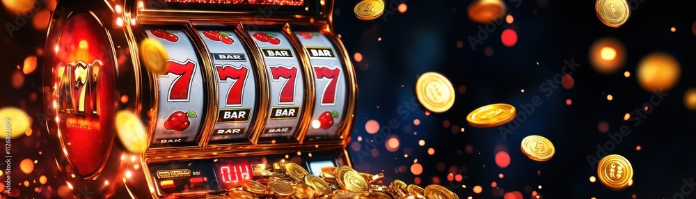 A vibrant slot machine with spinning reels displays sevens and coins flying, symbolizing excitement and potential winnings in gambling. A vibrant slot machine with spinning reels displays sevens and coins flying, symbolizing excitement and potential winnings in gambling.