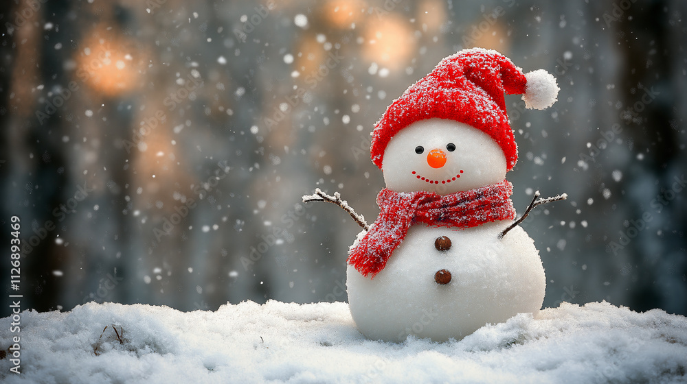 Obraz premium Cheerful Snowman with Red Hat and Scarf in Falling Snow