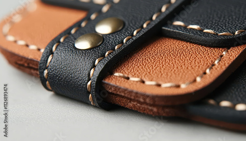 High quality black and brown leather cover with detailed stitching photo