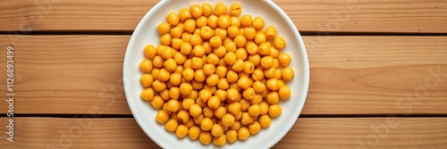 Plate of yellow cooked chickpeas served on a wooden table, cooking, vegetarian