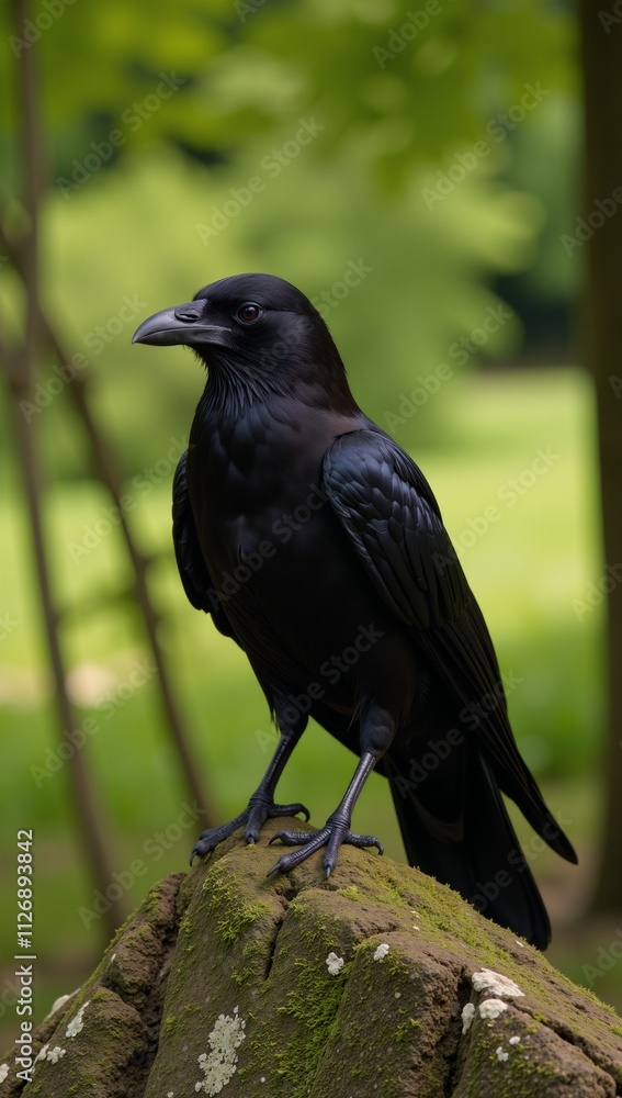A moss-covered stone bears an ominous presence as it hosts a solitary black raven A moss-covered stone bears an ominous presence as it hosts a solitary black raven