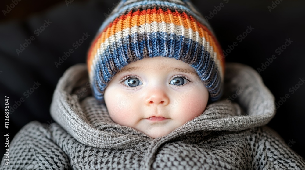 A baby wearing a blue and orange knit hat and a gray coat. The baby has blue eyes and a smile A baby wearing a blue and orange knit hat and a gray coat. The baby has blue eyes and a smile