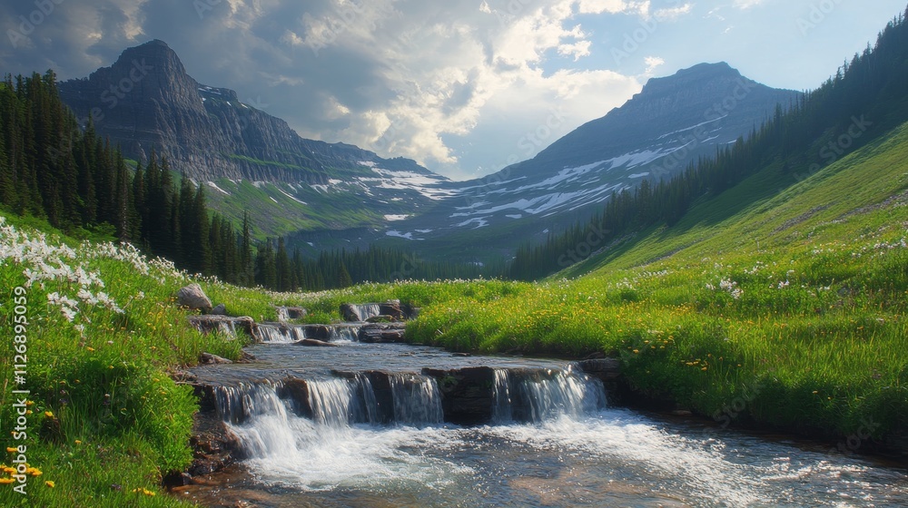 Scenic mountain landscape with a flowing stream, lush greenery, and dramatic clouds. Scenic mountain landscape with a flowing stream, lush greenery, and dramatic clouds.