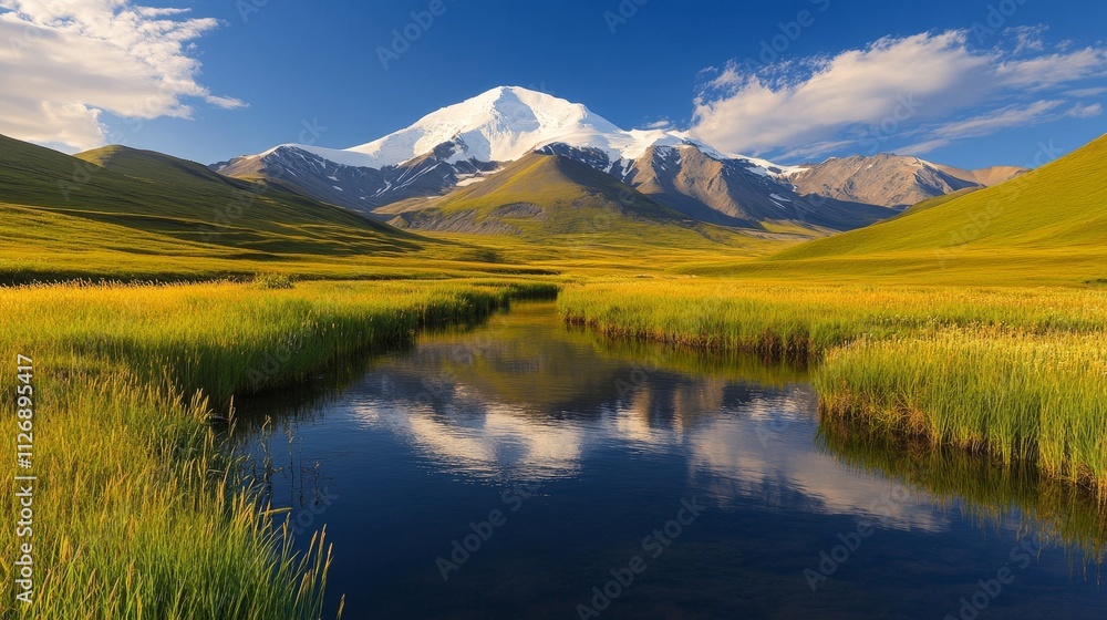 A serene landscape featuring a mountain, lush greenery, and a reflective river under a blue sky. A serene landscape featuring a mountain, lush greenery, and a reflective river under a blue sky.