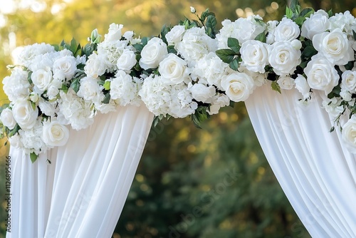 wedding arch decorated with white flowers and draped fabric in scenic outdoor setting photo