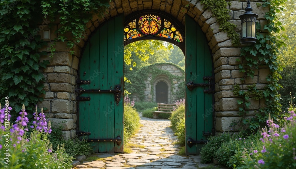 Fototapeta premium Ancient Moss-Covered Stone Archway Leading to Lush Garden