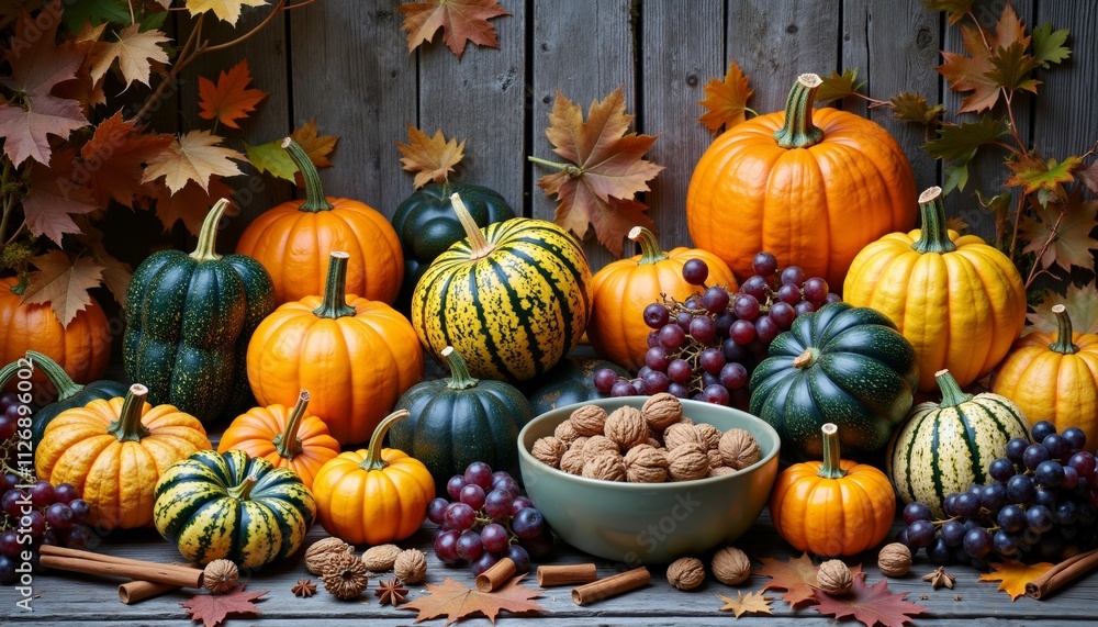 Autumn Harvest of Heirloom Squashes with Colorful Accents Autumn Harvest of Heirloom Squashes with Colorful Accents