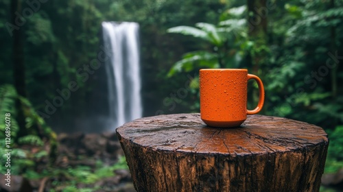 A cup of coffee is sitting on a log next to a waterfall. The scene is serene and peaceful, with the sound of the waterfall in the background. The cup of coffee is the only human element in the image
