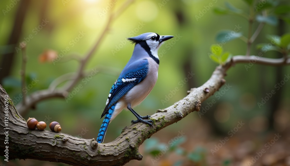 Obraz premium Blue Jay Perched on Oak Branch in Natural Setting