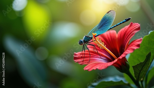 Blue Dragonfly Resting on Bright Red Hibiscus Flower