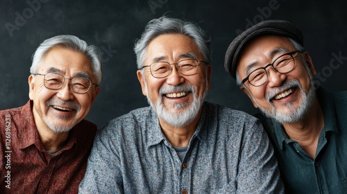 Joyful Group of Three Senior Men with Glasses and Beards Smiling Together in a Relaxed Setting, Celebrating Friendship and Shared Moments of Happiness