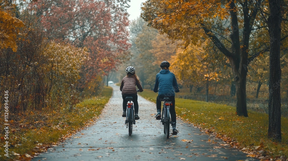 Two people cycling on a forest trail during autumn. Two people cycling on a forest trail during autumn.
