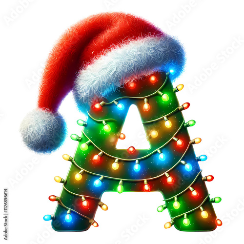 Christmas Letter A with Santa Hat and Colorful String Lights PNG