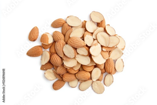 Almonds and almond slices stacked in a clear, bright background displaying their natural color and texture