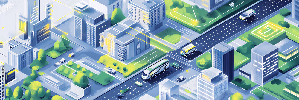 Illustration of a smart city concept, with autonomous cars, green buildings, and data lines connecting different parts of the urban landscape. Illustration of a smart city concept, with autonomous cars, green buildings, and data lines connecting different parts of the urban landscape.