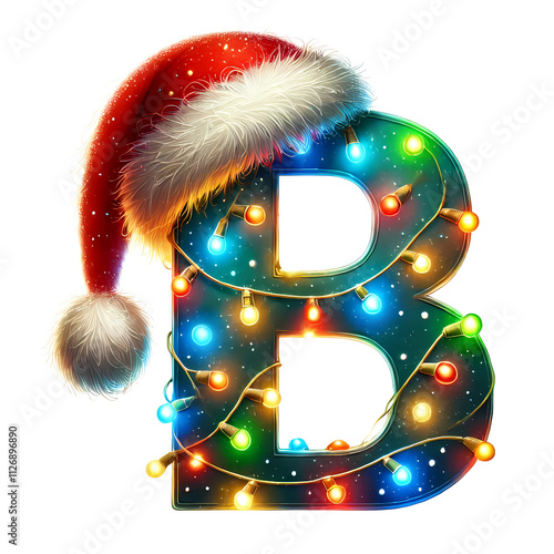 Christmas Letter B with Santa Hat and Colorful String Lights PNG