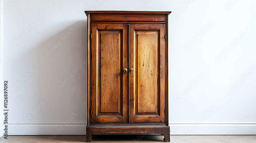 A wooden cabinet with two doors and a brass handle A wooden cabinet with two doors and a brass handle