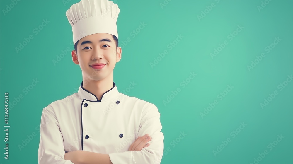 Chef is wearing a white hat and a white coat Chef is wearing a white hat and a white coat