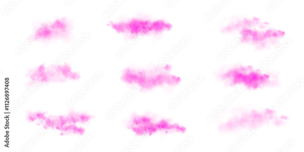 Set of realistic pink clouds. Fog and smoke isolated on transparent background. Cloud, nature sky. Weather element or drawing. Cloud texture, smoke wave, fog nature. Fluffy smoke. PNG. Set of realistic pink clouds. Fog and smoke isolated on transparent background. Cloud, nature sky. Weather element or drawing. Cloud texture, smoke wave, fog nature. Fluffy smoke. PNG.