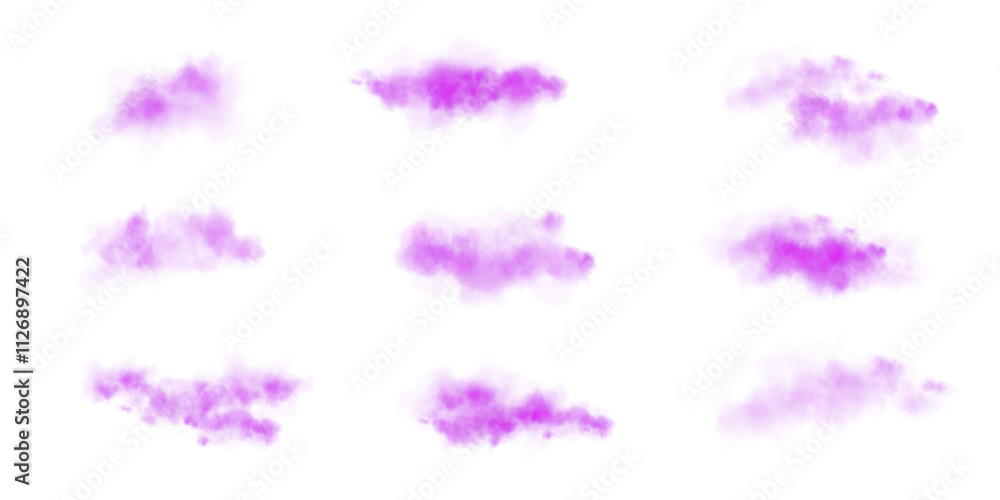 Set of realistic purple clouds. Fog and smoke isolated on transparent background. Cloud, nature sky. Weather element or drawing. Cloud texture, smoke wave, fog nature. Fluffy smoke. PNG. Set of realistic purple clouds. Fog and smoke isolated on transparent background. Cloud, nature sky. Weather element or drawing. Cloud texture, smoke wave, fog nature. Fluffy smoke. PNG.