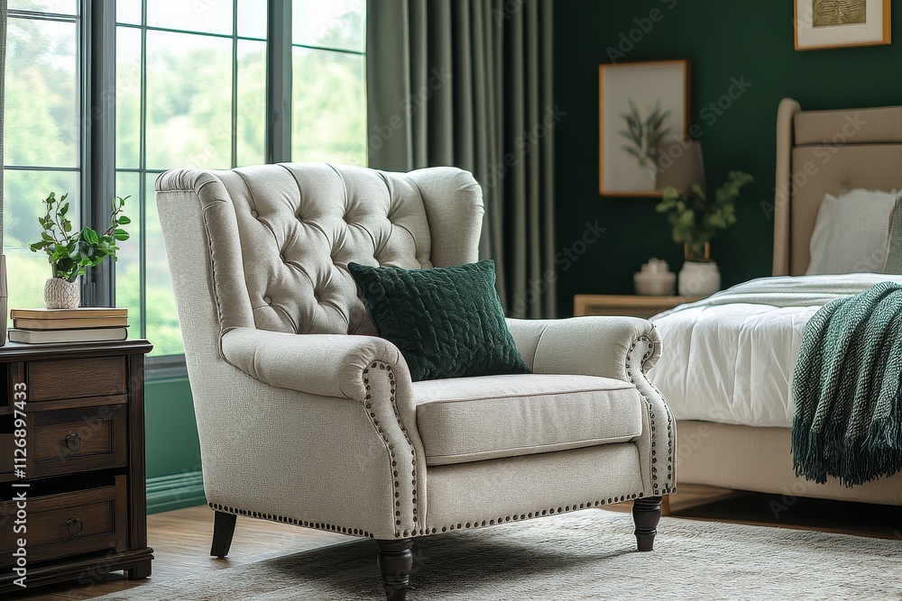 Fototapeta premium Elegant wingback chair with button-tufted back and light grey fabric, featuring brown armrests, beside a bed in a cozy room with green walls and natural lighting.