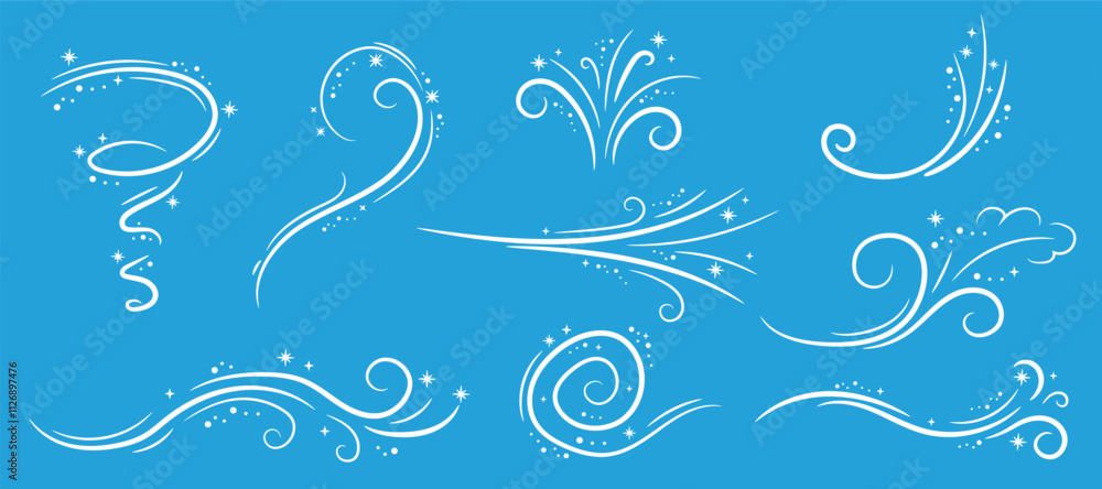 Winter wind doodle illustration set on blue background. Frosty curly pattern with snow collection of sketch design elements.