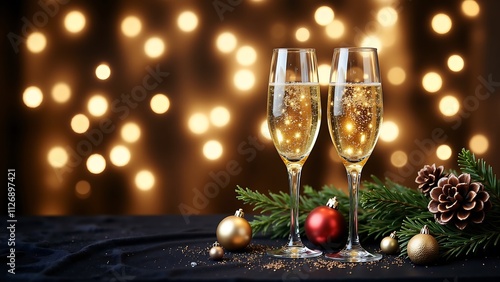 Two champagne glasses with a red ball on a table