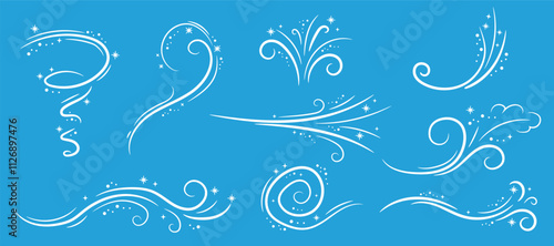 Winter wind doodle illustration set on blue background. Frosty curly pattern with snow collection of sketch design elements.
