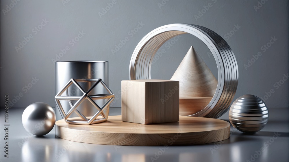A Minimalist Still Life with Geometric Shapes of Wood and Metal on a Wooden Platform A Minimalist Still Life with Geometric Shapes of Wood and Metal on a Wooden Platform