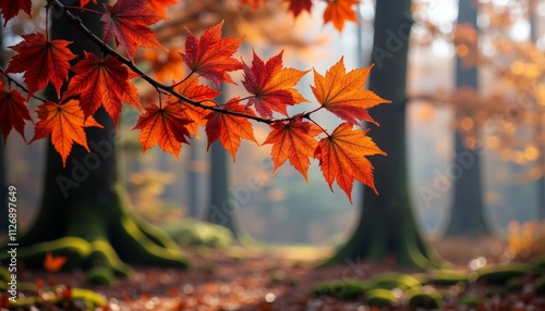 Close-Up of Fiery Red and Orange Autumn Leaves in Forest