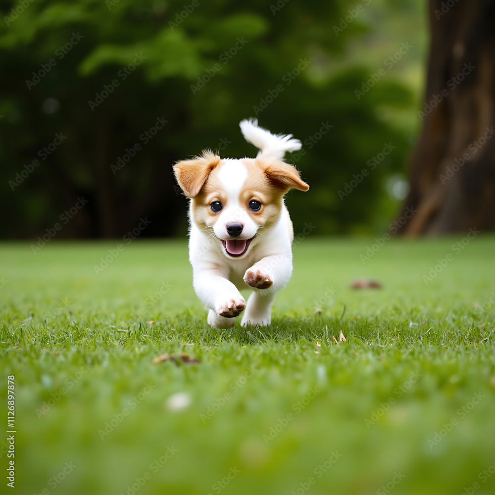 A playful puppy chasing its tail in a lush green park. A playful puppy chasing its tail in a lush green park.