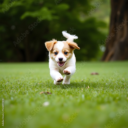 A playful puppy chasing its tail in a lush green park.