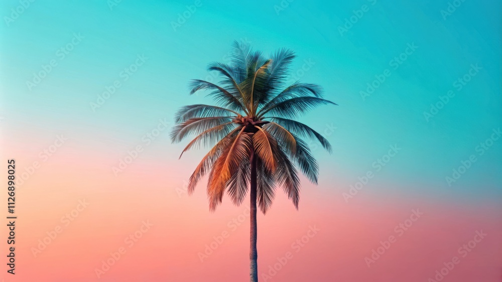 A single palm tree stands tall against a vibrant gradient sky, transitioning from a soft pink to a cool blue, symbolizing the beauty and tranquility of nature's color palette. A single palm tree stands tall against a vibrant gradient sky, transitioning from a soft pink to a cool blue, symbolizing the beauty and tranquility of nature's color palette.