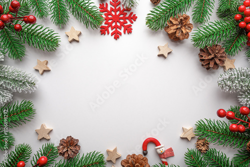 Obraz na płótnie Christmas background. Christmas eve concept. Top view of gift boxes, fir branches, toys, on white background. w salonie