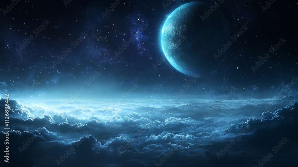 A serene cosmic landscape featuring a distant planet above a cloud-covered horizon. A serene cosmic landscape featuring a distant planet above a cloud-covered horizon.